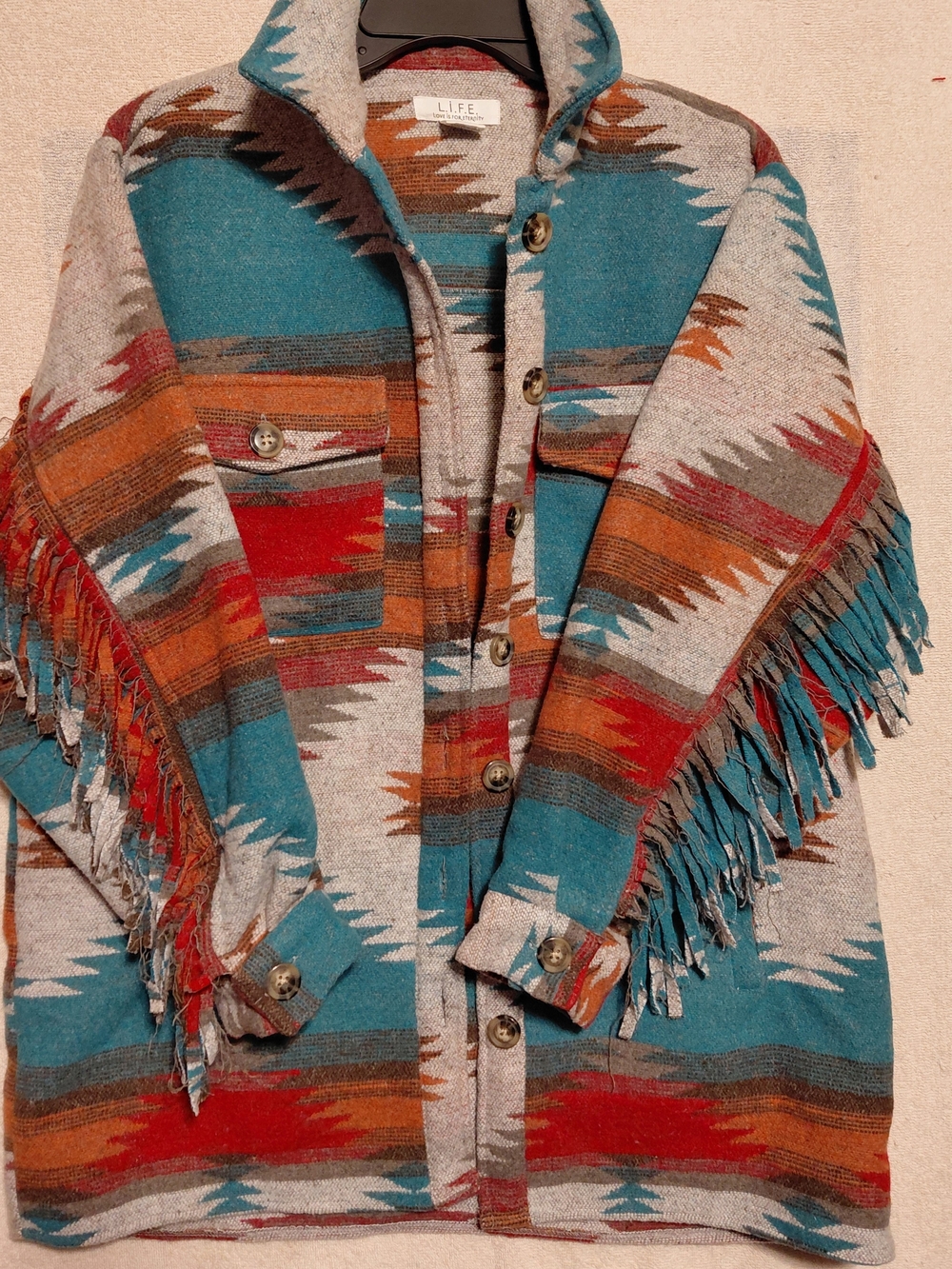 Women's Teal & Red Aztec Fringe Jacket